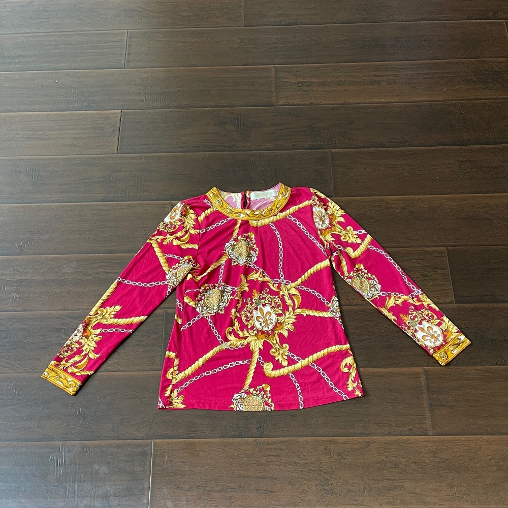 Max Polla by Madam Polla Women's Long Sleeve Fuchsia Gold Tassel Blouse Sz Small